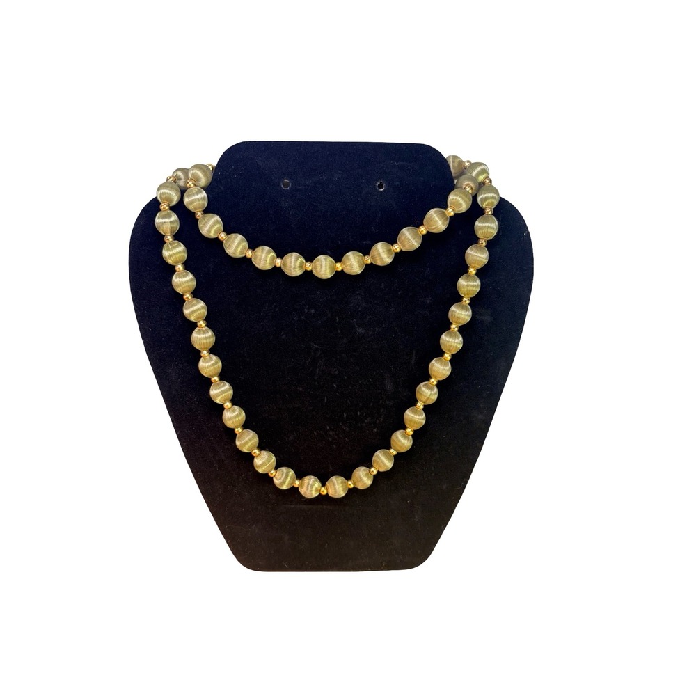 VTG Olive Green Silk Thread Wrapped Bead Necklace Gold Spacer Mid Century MCM